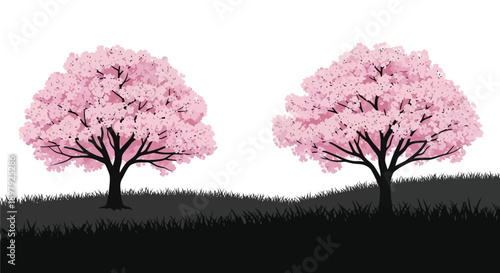 Two blossoming cherry trees stand against a minimalist landscape