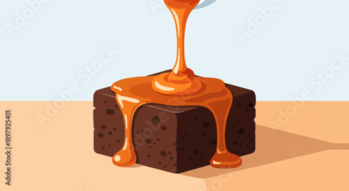 Rich chocolate square drenched in thick, glossy caramel sauce