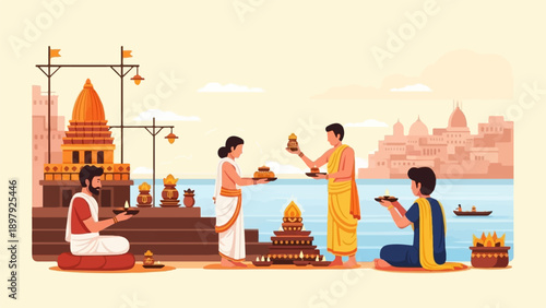 Riverbank ritual with temple and city backdrop