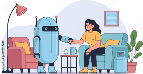 Robot and person shaking hands in a cozy living room with furniture and plants