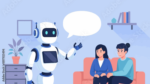 Robot interacting with people, indoor scene with furniture and decor