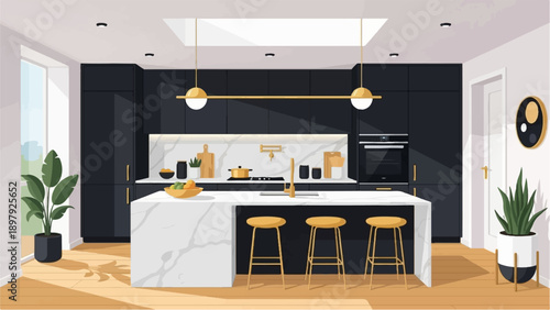 Sleek modern kitchen with dark cabinets, marble island, and gold accents