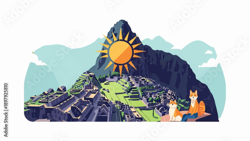 Stylized illustration of ancient ruins on a mountain with a sun and two foxes