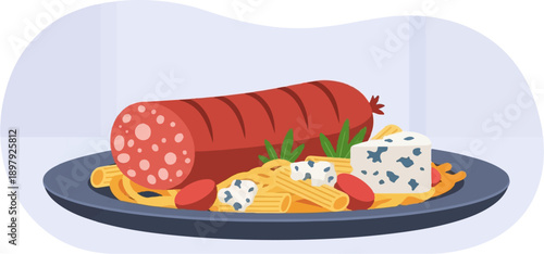 Sliced sausage, pasta, blue cheese, tomatoes, and herbs on a plate