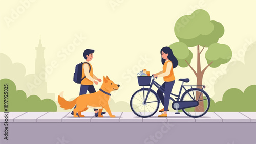 Stylized illustration of people walking a dog and riding a bike in a park