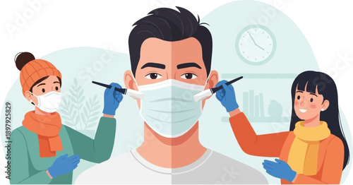 Stylized illustration of people applying protective mask and social distance