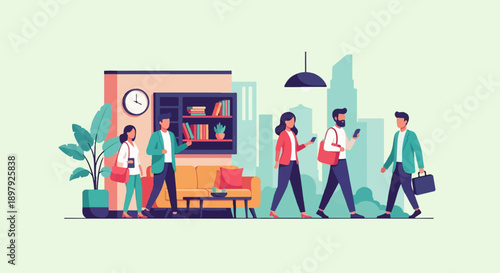 Stylized illustration of people walking past a living space with city backdrop