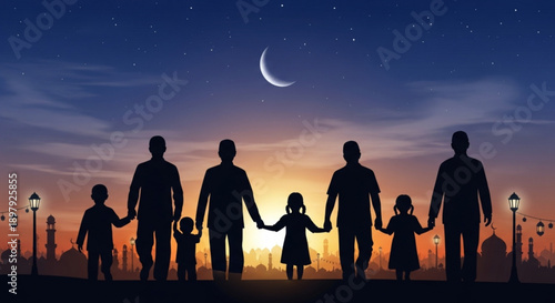Silhouette of diverse family holding hands at sunset with city skyline and crescent moon