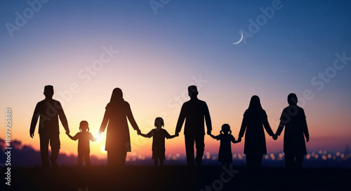 Silhouette of diverse family holding hands at sunset with crescent moon in sky