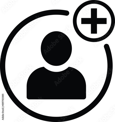 Black silhouette of a person with a plus symbol inside a circle person plus symbol add user
