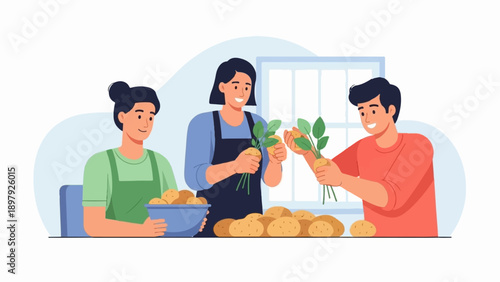 Three people happily sorting potatoes with sprouts on a table indoors