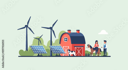 Rural farm features renewable energy with people, animals, and barn