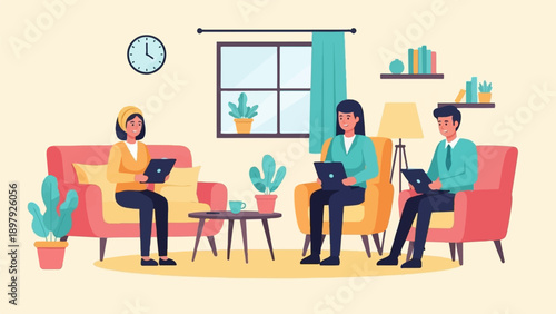 Three people in a living room, each using a laptop