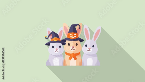 Three cartoon rabbits in Halloween costumes