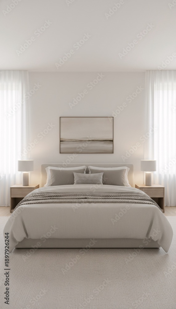 Fototapeta premium Modern bedroom with neutral tones and elegant bedding