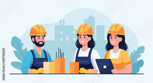 Three construction workers in hard hats and overalls collaborate