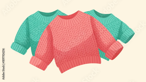 Three colorful knitted sweaters layered in a soft, warm arrangement