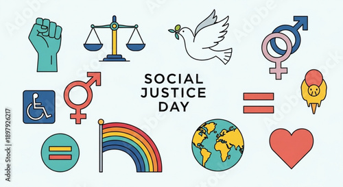 Social justice day icons and symbols for equality and human rights awareness on a white background with colorful graphics