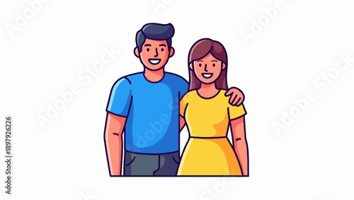 Smiling couple, man with arm around woman, simple cartoon style
