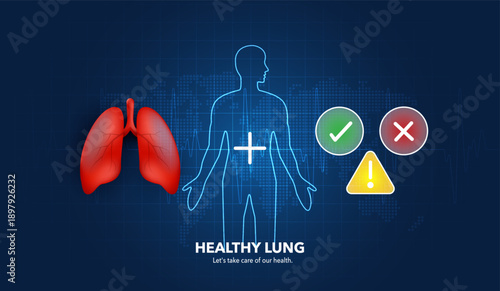Healthy Human Lungs with Body Silhouette and Medical Icons on Blue Digital Background for Respiratory Health, Diagnosis, Global Healthcare, and Wellness Prevention Vector Infographic.