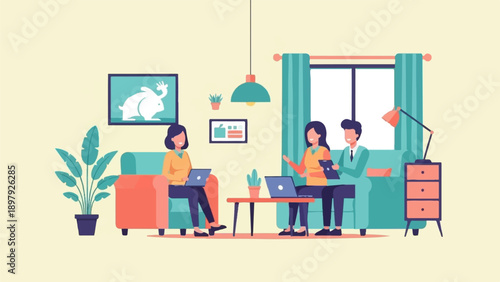 Three people working on laptops and tablets in a modern living room