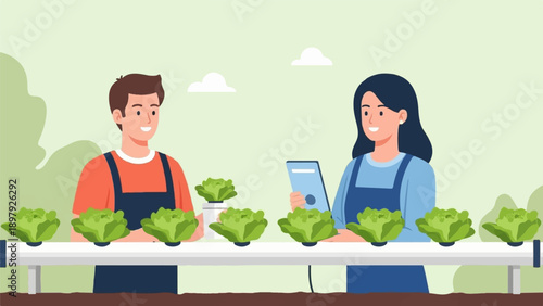 Smiling farmers examine hydroponic lettuce under a bright sky with clouds