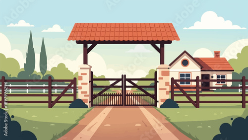 Rustic farm entrance with a house and double gates