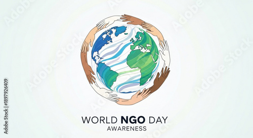 World ngo day awareness concept with hands holding the earth globe on light background