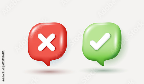 3D check mark and cross symbols in red and green speech bubbles. Vector illustration for right or wrong choice, yes or no decision, feedback, quiz, voting, and UI UX interface design elements.