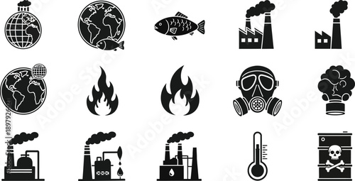 Industrial silhouette icons set with pollution and factory symbols silhouette