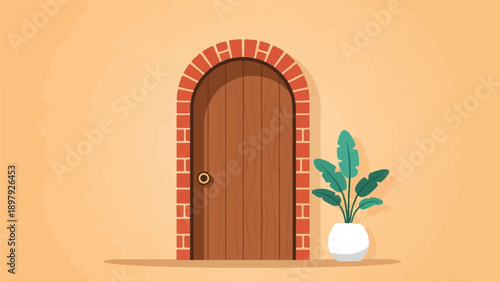 Rustic wooden door with arched brick frame and potted plant against textured wall