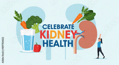 Kidney health awareness illustration with fresh vegetables and hydration