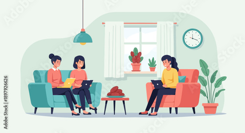 Three people working on laptops at home, sitting in chairs