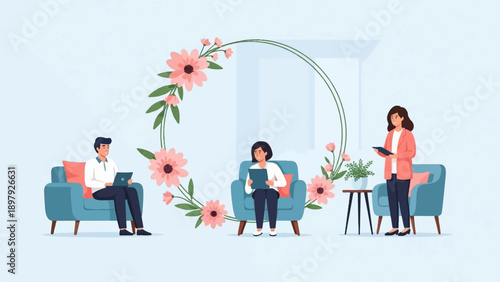 Three people in a serene office with floral decor