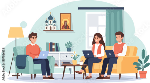 Three people working on laptops at home, relaxing on sofas