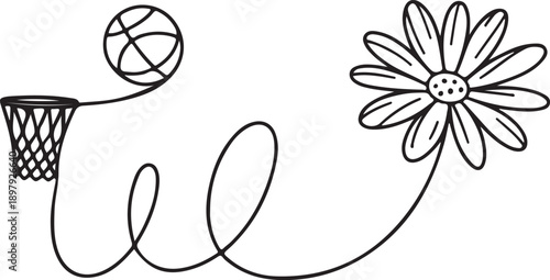 Hand Drawn Basketball Hoop and Flower Doodle Keywords: basketball, hoop, net, ball, flower