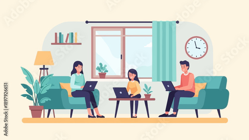 Three people working on laptops at home with houseplants and a clock