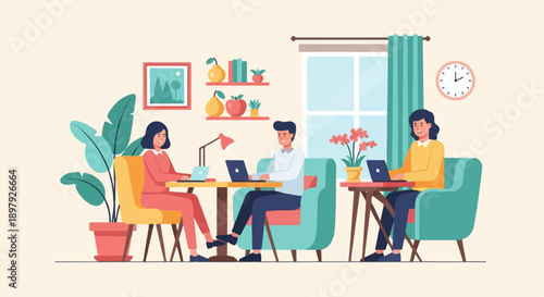 Three people working on laptops in a bright, cozy room