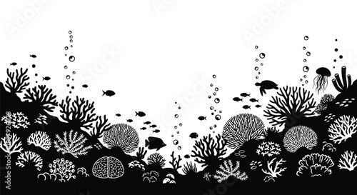 Black and white illustration of a vibrant underwater coral reef scene