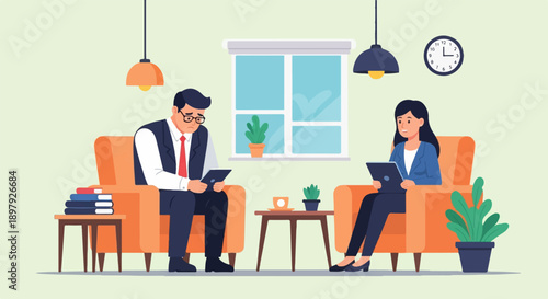 Sad businessman and therapist in office with books and plants
