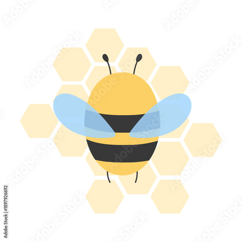 Cute flying bee with honeycomb hexagon background flat cartoon illustration isolated on white background