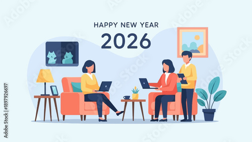 Three people working on laptops in a cozy home setting, with "Happy New Year 2026" displayed