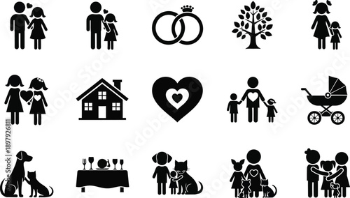 Family and love silhouette icons on white background