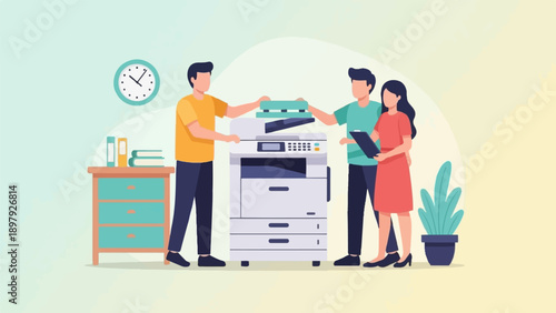 Three people interact with a copier next to a cabinet with books