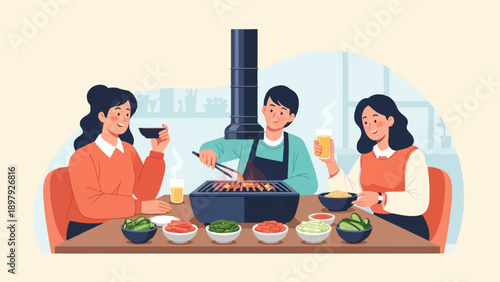 Three friends enjoy a Korean BBQ meal with grilled meat, fresh vegetables, and beverages