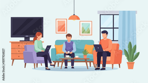 Three people working on laptops in a living room