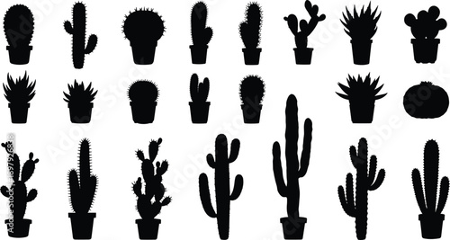 Collection of black silhouette potted cactus and succulent plants on white background