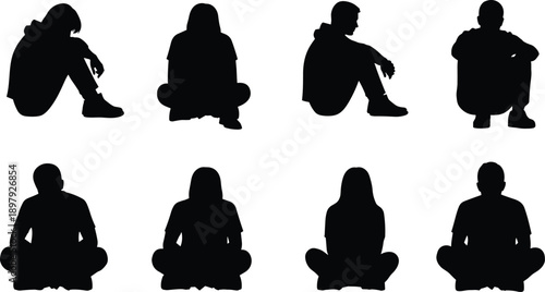 Eight black silhouettes of people sitting in various poses on a white background