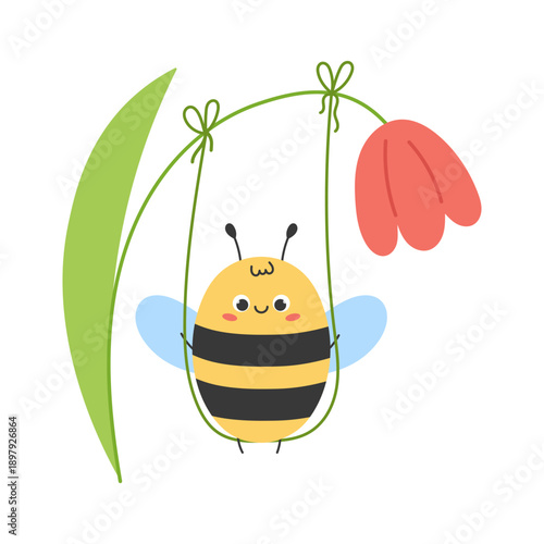 Cute cartoon bee swinging on green plant stem near flower. Friendly insect character. Perfect for kids illustration, nursery decor, education, greeting design