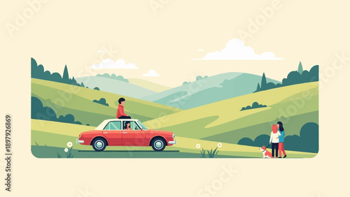 Stylized pixelated landscape with people and car on a road trip